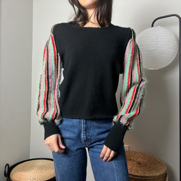 vintage 60s black wool angora striped balloon sleeve knit sweater - Picture 1 of 10